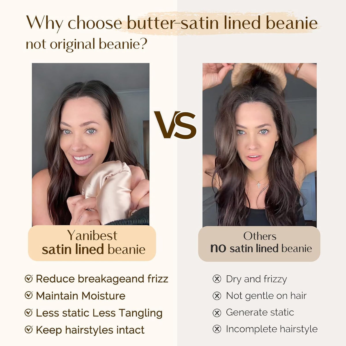 Satin Lined Beanie for Women, Reduce Frizz Winter Hats