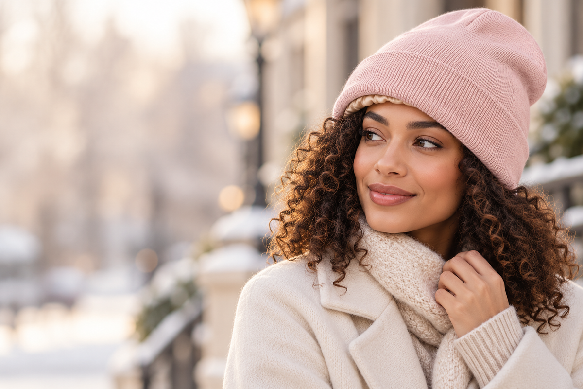 Woman with curly hair wearing a blush pink satin-lined winter beanie