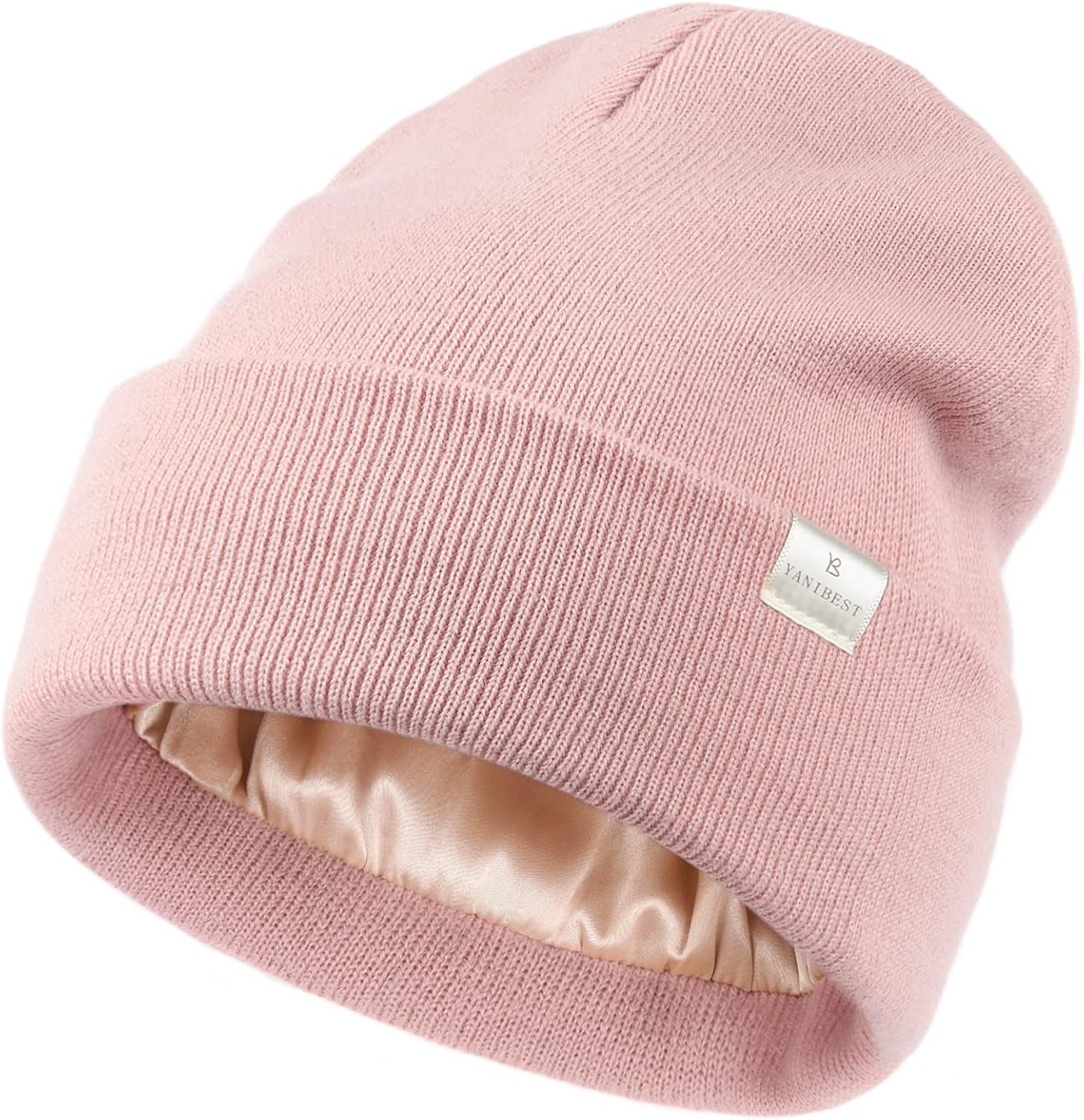 Blush pink satin-lined beanie with smooth satin interior